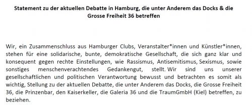 Statement zu der aktuellen Debatte in Hamburg, die unter Anderem das Docks & die Grosse Freiheit 36 betreffen