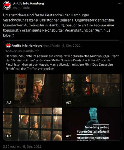 "Behrens besuchte im Februar ein konspirativ organisiertes Reichsbürger-Event der "Arminius Erben" unter dem Motto "Unsere Deutsche Zukunft" von dem Faschisten Gernot von Hagen. Man sollte sich mit dem Film "Das Deutsche Reich" auf das Treffen vorbereiten." Quelle auf X: @antifainfo